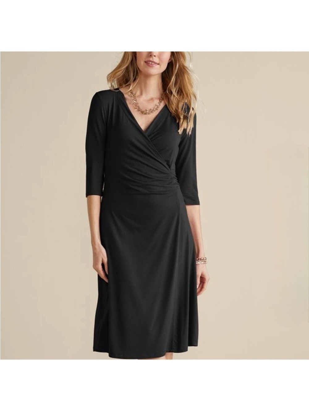 Soft Surroundings Black Faux-Wrap Long Sleeve Dress